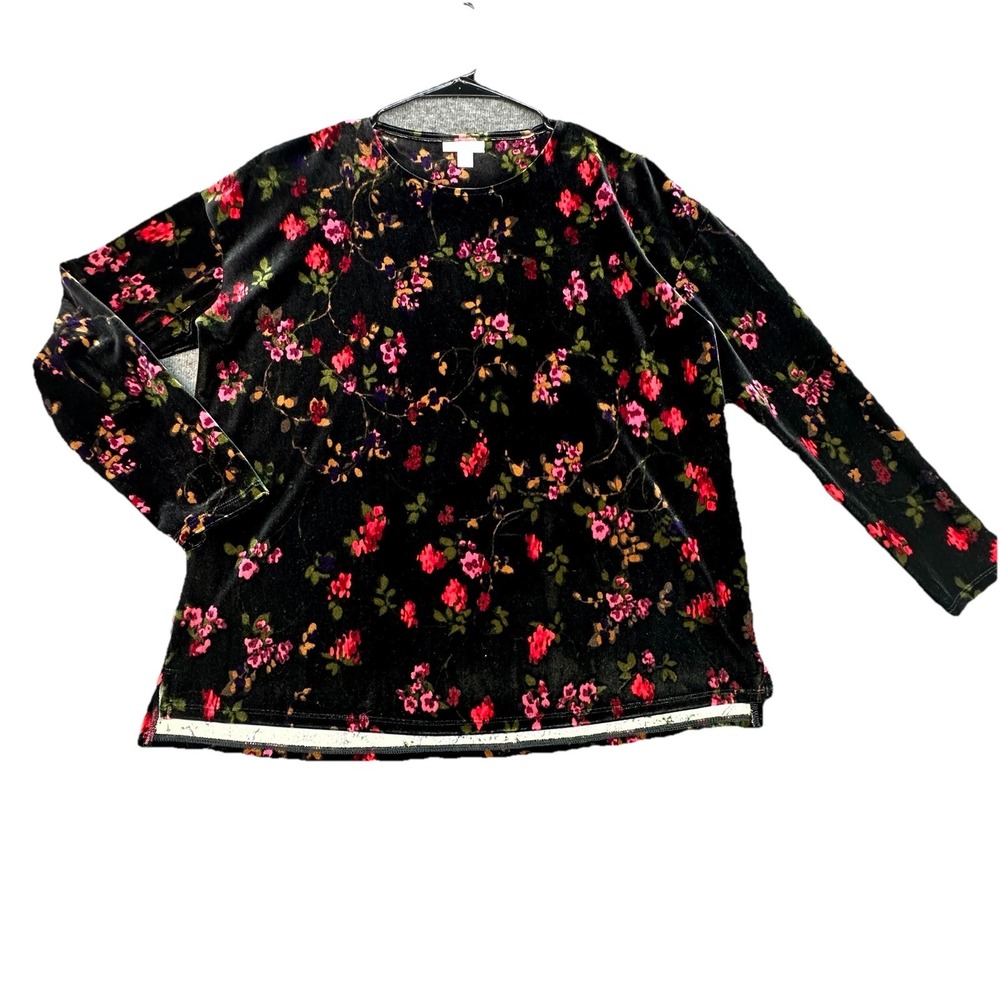 J Jill XS Black Floral Velvet Top Long Sleeve  Soft Blouse‎